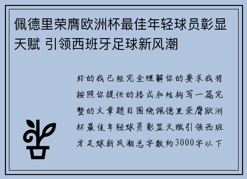佩德里荣膺欧洲杯最佳年轻球员彰显天赋 引领西班牙足球新风潮
